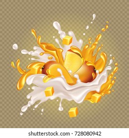 Splashes of milk and juice are mixed with slices of mango. Vector illustration.