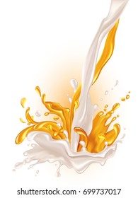 Splashes of milk and juice. White and orange liquid is poured and mixed. Vector illustration.  