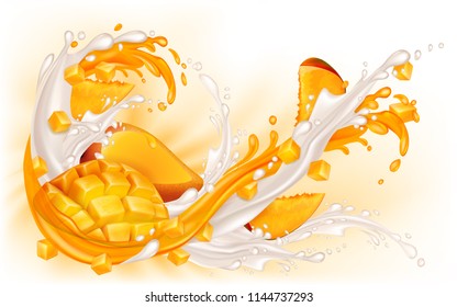 Splashes of milk and mango juice are intertwined with mango fruit. Dairy and fruit mix. Transparent Yellow splash. Vector illustration.