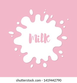 Splashes of milk on the pink background with text milk