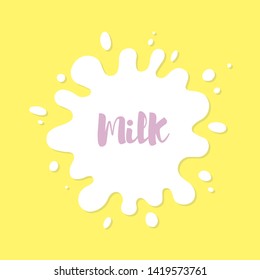 Splashes of milk on the yellow background with text milk