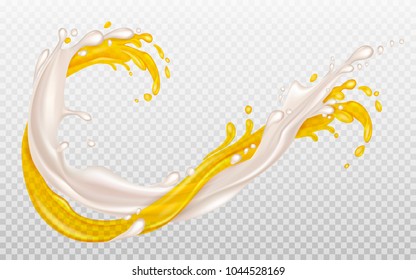 Splashes of milk and orange juice are intertwined. Dairy and fruit mix. Transparent Yellow splash. Element for advertising or packaging  dairy products. Vector illustration. 