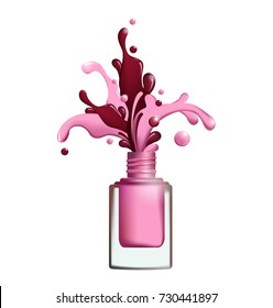 Splashes of nail polish froze in motion on white background. Vector template for your designs, brochures, ads,banners