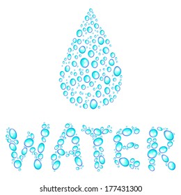 Splashes. One big water drop and an inscription consisting of small drops. Vector design element for eco concept. 