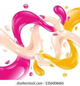 Splashes of orange juice, milk and berry syrup. Streams of bright multi-colored liquids of different tastes. Pink, yellow, orange, white and cream flow. Volumetric spilled juices. Isolated vector 