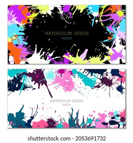 Splashes of paint. Blots. A set of two creative bright watercolor backgrounds. Banner, cover design. Artistic design in abstract style.