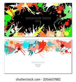 Splashes of paint. Blots. A set of two creative bright watercolor backgrounds. Banner, cover design. Artistic design in abstract style.