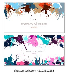 Splashes of paint. Blots. A set of two creative bright watercolor backgrounds. Banner, cover design. Artistic design in abstract style.