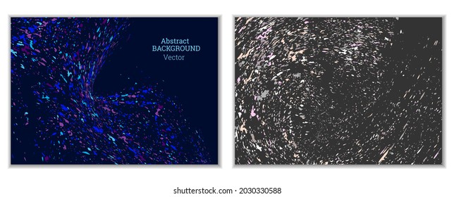 Splashes of paint, specks, debris of different colors and sizes are scattered. Splashes of paint, strokes in the wind. Abstract background. Set of 2 templates