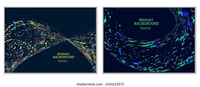 Splashes of paint, specks, debris of different colors and sizes are scattered. Splashes of paint, strokes in the wind. Abstract background. Set of 2 templates
