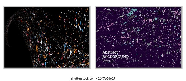 Splashes of paint, specks, debris of different colors and sizes are scattered. Splashes of paint, strokes in the wind. Abstract background. Set of 2 templates