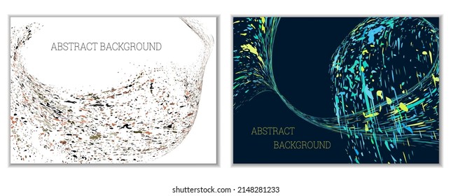 Splashes of paint, specks, debris of different colors and sizes are scattered. Splashes of paint, strokes in the wind. Abstract background. Set of 2 templates