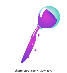 Splashes of potion, vector illustration isolated on white background. Bottle violet shine. Game icon of magic elixir. 
