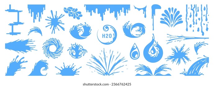 Splashes, puddles, drops, jets, waves, whirlpools and liquid streaks. Water in motion. Set of vector design elements