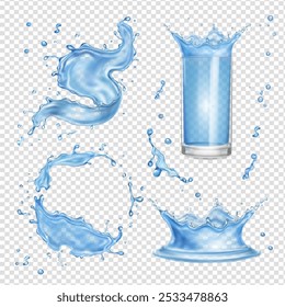 Salpicaduras de agua realista con gotas, un chapoteo de agua que cae, onda líquida, espiral, corona y círculo, vidrio de beber con agua y gotas transparente conjunto.