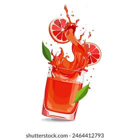 Roter, frischer und gesunder Grapefruitsaft mit Fruchtscheiben und grünen Blättern. Vektorgrafik Sommer Clipart im flachen Stil mit Zitrusgetränk isoliert auf weißem Hintergrund für Karte, Banner, Flyer, DES