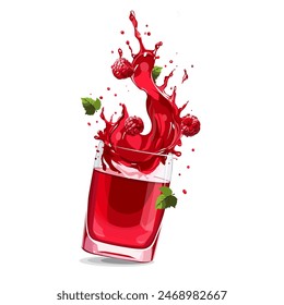 Salpicaduras de jugo de frambuesas rojas frescas y saludables con rodajas de fruta y hojas verdes. Clipart de Vector en estilo plano con bebida de bayas aislado sobre fondo blanco para tarjeta, Anuncio, volante, diseño