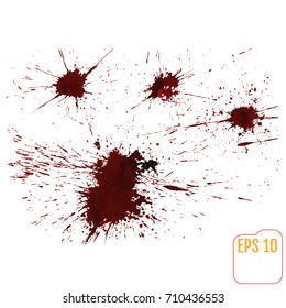 Splashes of red paint, realistic drops of blood. Messy red stains of blood or wine. Vector
