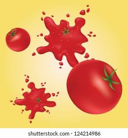 Splashes of red tomatoes on the wall. Yellow background. Red ripe tomatoes. Tomato seeds.