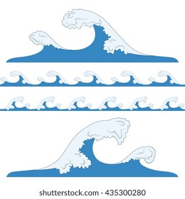 Splashes of sea waves. Tsunami, seamless blue waves.