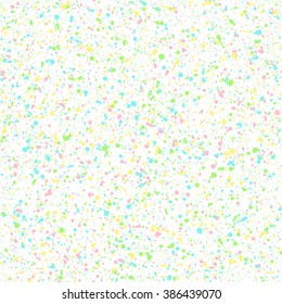 Splashes seamless vector abstract background. Hand drawn spray pattern. Spring, easter colorful texture. Floral, nature colors. Blue, green, yellow and pink specks or blobs of various size ornament. 