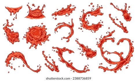 Splashes set, splattered drops of water: the dynamic element of fresh, juicy liquid suspended in the air. Various dynamic elements of water fruit juice or blood, ink blots.