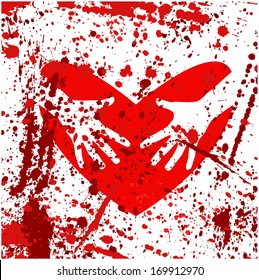 Splashes and spots of red blood, hands holding broken heart. Vector EPS 10 illustration.