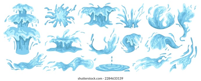 Espoletas y rociadores de agua, aislados de un conjunto de líquido que se plaga. Lluvia de charco o lavado de fluidos, olas de fuente. Vector en ilustración de dibujos animados planos