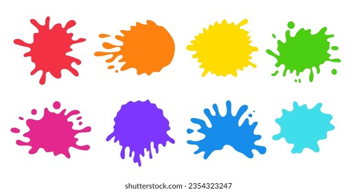 Splashes and stains of color paint or ink with drops splatter. Abstract rainbow colored blots, art blobs different shapes isolated on white background, vector flat illustration