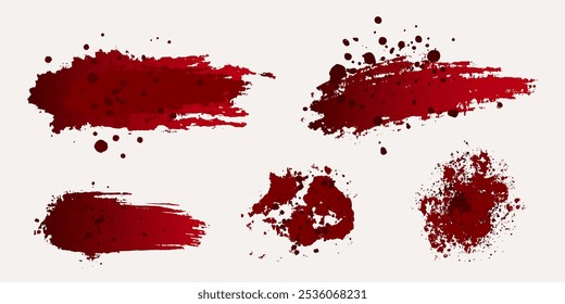 Spritzer und Flecken, Bluttropfen auf weißem Hintergrund. Verletzungen, realistische Schlaganfälle, Prellungen.