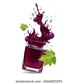 Splashes of vinous freshly and healthy grape juice with fruit slices and green leaves. Vector clipart in flat style with drink isolated on white background for card, banner, flyer, design