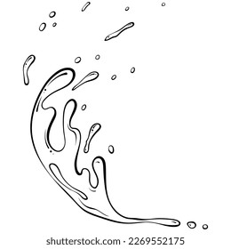 Brotes de agua o pintura. Pulverización de fluido. Ilustración vectorial en el estilo del doodle dibujado a mano. Líquido de arte de línea con gotas aisladas en blanco. Movimiento de agua de salpicadura
