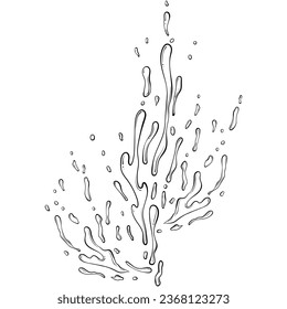 Splashes of water or paint. Spray of fountain. Vector illustration in hand drawn sketch doodle style. Line art liquid with drops isolated on white. Falling aqua drops. Splash water motion