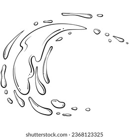 Splashes of water or paint. Spray of fountain. Vector illustration in hand drawn sketch doodle style. Line art liquid with drops isolated on white. Dripping liquid motion. Abstract semicircle shapes