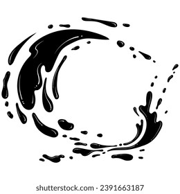 Splashes of water or paint. Spray of fountain. Vector illustration in hand drawn style. Silhouette of liquid with drops isolated on white. Dripping liquid motion. Abstract round shape