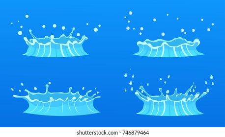 Splashes of water in round aqua source of liquid. Vector drops falling into water