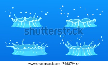 Splashes of water in round aqua source of liquid. Vector drops falling into water