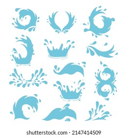 Splashes of water, waves. Blue silhouette on a white background. Vector set.
