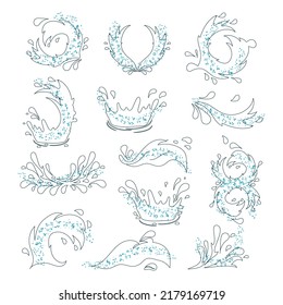 Brotes de agua, olas. Contorno con salpicaduras de color. Vector puesto en un fondo blanco.