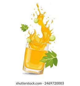 Salpicaduras de zumo de uva amarillo fresco y saludable con rodajas de fruta y hojas verdes. Clipart de Vector en estilo plano con bebida aislada sobre fondo blanco para tarjeta, Anuncio, volante, diseño