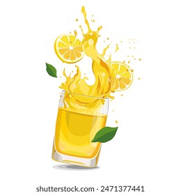 Salpicaduras de jugo de limón fresco y saludable de color amarillo con rodajas de fruta y hojas verdes. Clipart de Vector en estilo plano con bebida cítrica aislada en fondo blanco para tarjeta, Anuncio, volante, diseño