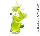 Splashes of yellow freshly and healthy lime juice with fruit slices and green leaves. Vector clipart in flat style with citrus drink isolated on white background for card, banner, flyer, design