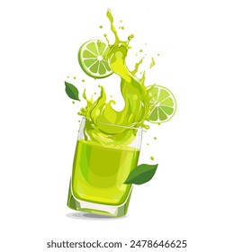 Spritzer von gelbem, frischem und gesundem Limettensaft mit Fruchtscheiben und grünen Blättern. Vektorgrafik Clipart im flachen Stil mit Zitrusgetränk isoliert auf weißem Hintergrund für Karte, Banner, Flyer, Design