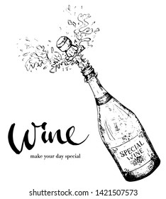 Splashing bottle of sparkling wine with cork shooting out. Black and white hand-drawin illustration