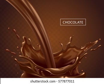 Splashing chocolate liquid, tasty sweet chocolate isolated on transparent background as elements in 3d illustration