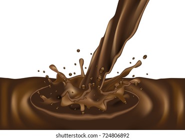 Splashing chocolate on white background design for food and drink vector illustration.
