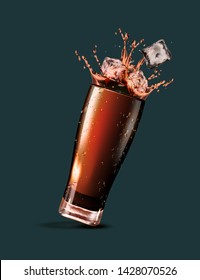 Splashing cola with ice cubes in 3d illustration