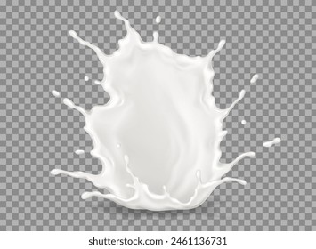 Splashing creamy liquid with drops at falling realistic vector illustration. Body care product texture in motion 3d object on transparent background