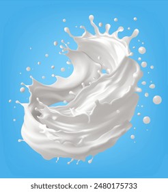 Splashing creamy liquid with drops at falling realistic vector illustration. Body care product in motion 3d object isolated on background, Gradient Mesh