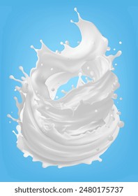 Salpicar líquido cremoso con gotas a la Ilustración vectorial realista que cae. Producto del cuidado del cuerpo en el objeto 3d del movimiento aislado en el fondo, malla del gradiente